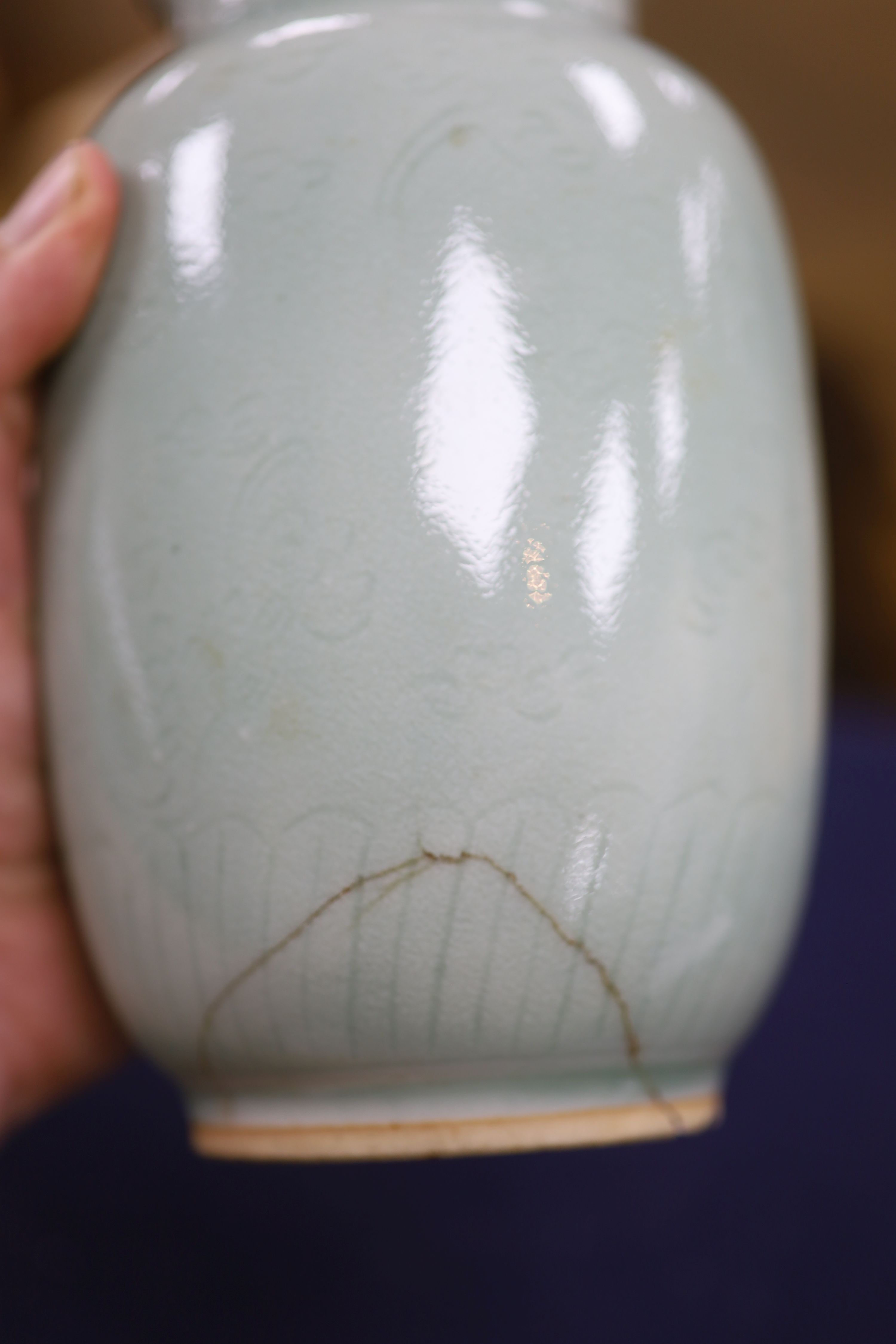 A pair of Chinese celadon vases, now as lamps, Yongzheng mark to base but later, height 19cm excl. electrical fittings